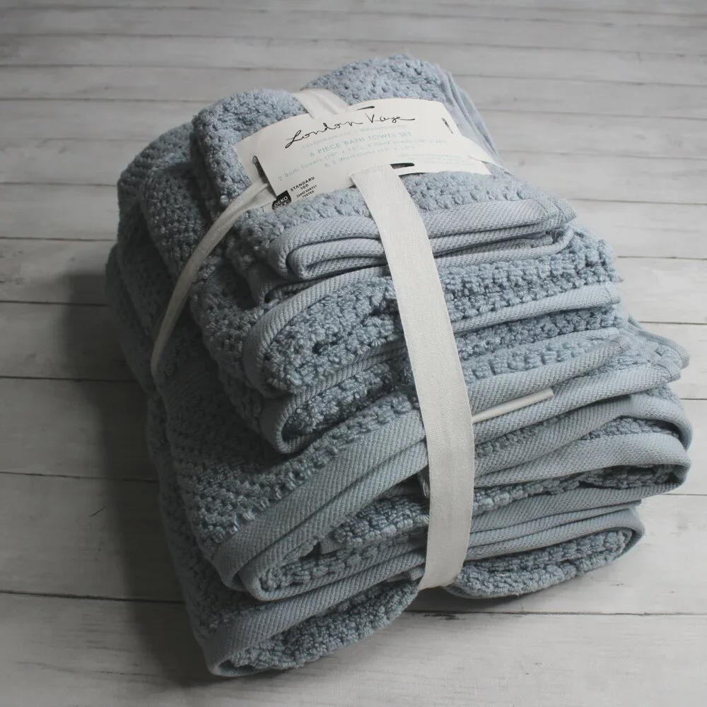 London Kaye Bath Towel Set 100% Cotton Blue Hand Towels Washcloth 6 Piece